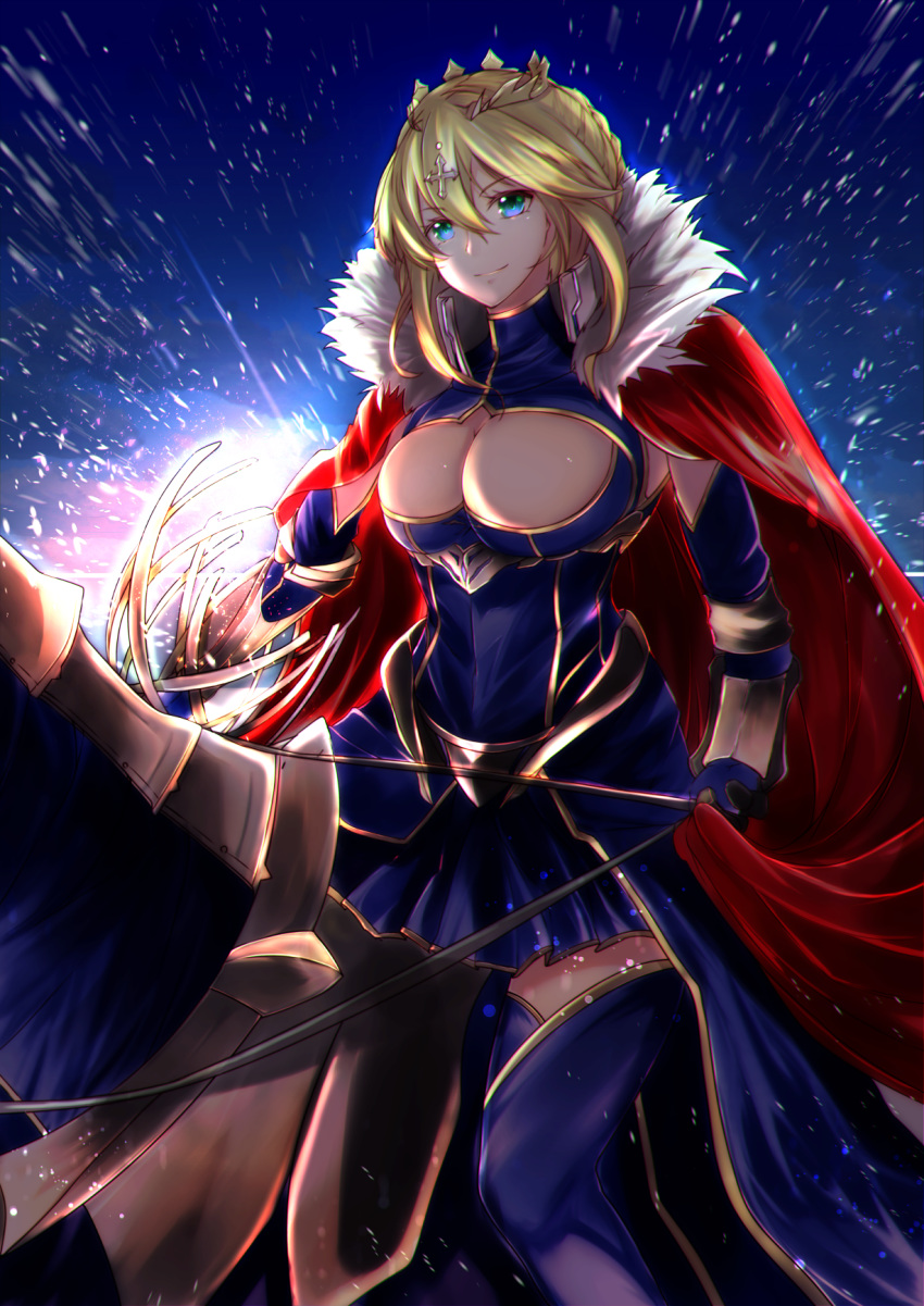 animal armor artoria_pendragon_(all) artoria_pendragon_(lancer) blue_dress blue_legwear blue_sky braid breasts cape cleavage cleavage_cutout commentary_request crown dress eyebrows_visible_through_hair fate/grand_order fate_(series) french_braid fur-trimmed_cape fur_trim gauntlets green_eyes hair_between_eyes highres holding holding_reins holding_weapon horse horseback_riding lance large_breasts otsunabe_(naabe_delta) outdoors polearm red_cape reins rhongomyniad riding sidelocks sky smile spear weapon