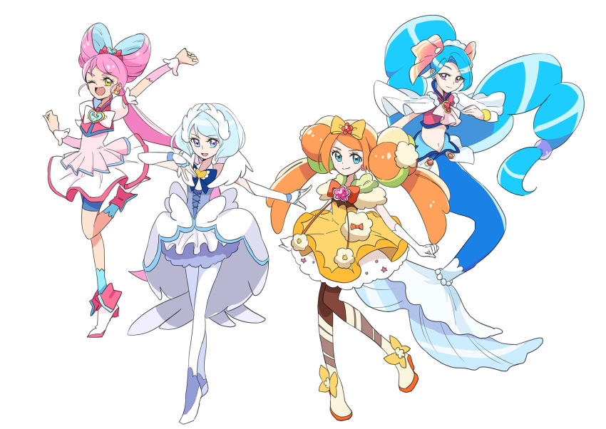;d arm_up bike_shorts blue_eyes blue_hair blue_legwear blue_shorts boots bow buntatta crop_top dress fingerless_gloves frilled_dress frills full_body gen_5_pokemon gen_6_pokemon gloves hair_bow hairband hand_on_own_chest high_ponytail highres magical_girl mermaid midriff monster_girl multiple_girls navel one_eye_closed open_mouth orange_hair original personification pink_eyes pink_hair pokemon pom_pom_(clothes) ponytail precure primarina puffy_short_sleeves puffy_sleeves short_sleeves shorts shorts_under_dress simple_background sleeveless sleeveless_dress smile socks standing standing_on_one_leg swanna sylveon twintails whimsicott white_background white_gloves yellow_dress yellow_eyes