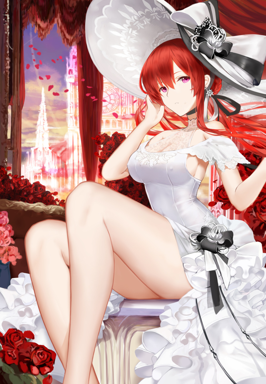 absurdres alternate_costume azur_lane bangs bare_shoulders blurry blurry_background breasts chinese_commentary choker cleavage commentary_request covered_nipples day dress earrings evening feet_out_of_frame flower hair_between_eyes hair_bun hand_on_own_face hand_up hat higandgk highres jewelry large_breasts monarch_(azur_lane) petals purple_eyes red_flower red_hair red_rose rose sidelocks sitting solo thighs white_dress white_hat
