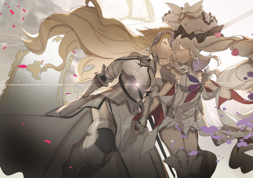 armor bangs bare_shoulders boots closed_eyes dress facing_another fate/grand_order fate_(series) flag flower gauntlets gleam hair_flower hair_ornament headpiece holding_hands jeanne_d'arc_(fate) jeanne_d'arc_(fate)_(all) large_hat long_hair marie_antoinette_(fate/grand_order) multiple_girls no-kan pink_flower pink_rose rose smile sword thigh_boots thighhighs twintails very_long_hair weapon white_dress yuri