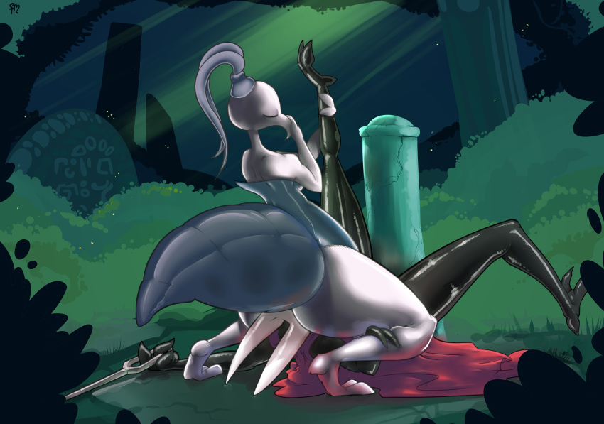 2018 architecture arthropod big_butt big_thighs blush butt digitigrade duo eyes_closed facesit female female/female furrymoan hi_res hollow_knight hornet hornet_(hollow_knight) hornet_(hollow_knight)realistic_background improvised_sex_toy insect iselda_(hollow_knight) not_furry oral pillar shiny wasp weapon