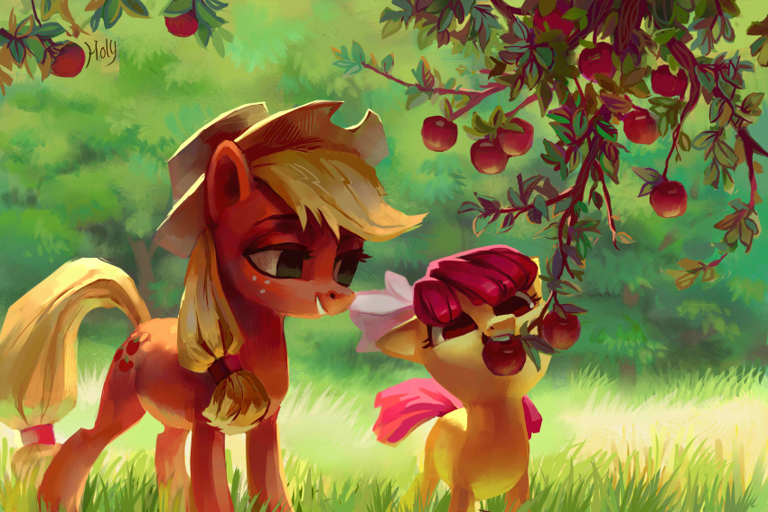 2015 absurd_res apple apple_bloom_(mlp) apple_tree applejack_(mlp) bite blonde_hair cowboy_hat cute cutie_mark duo earth_pony equine eyebrows eyelashes female feral food freckles friendship_is_magic fruit grass green_eyes grin hair hair_bow hair_ribbon hair_tie happy hat hi_res holivi hooves horse leaves mammal mouth_hold my_little_pony nude orange_eyes outside pony red_hair ribbons sibling signature sisters smile standing teeth tree tree_branch young