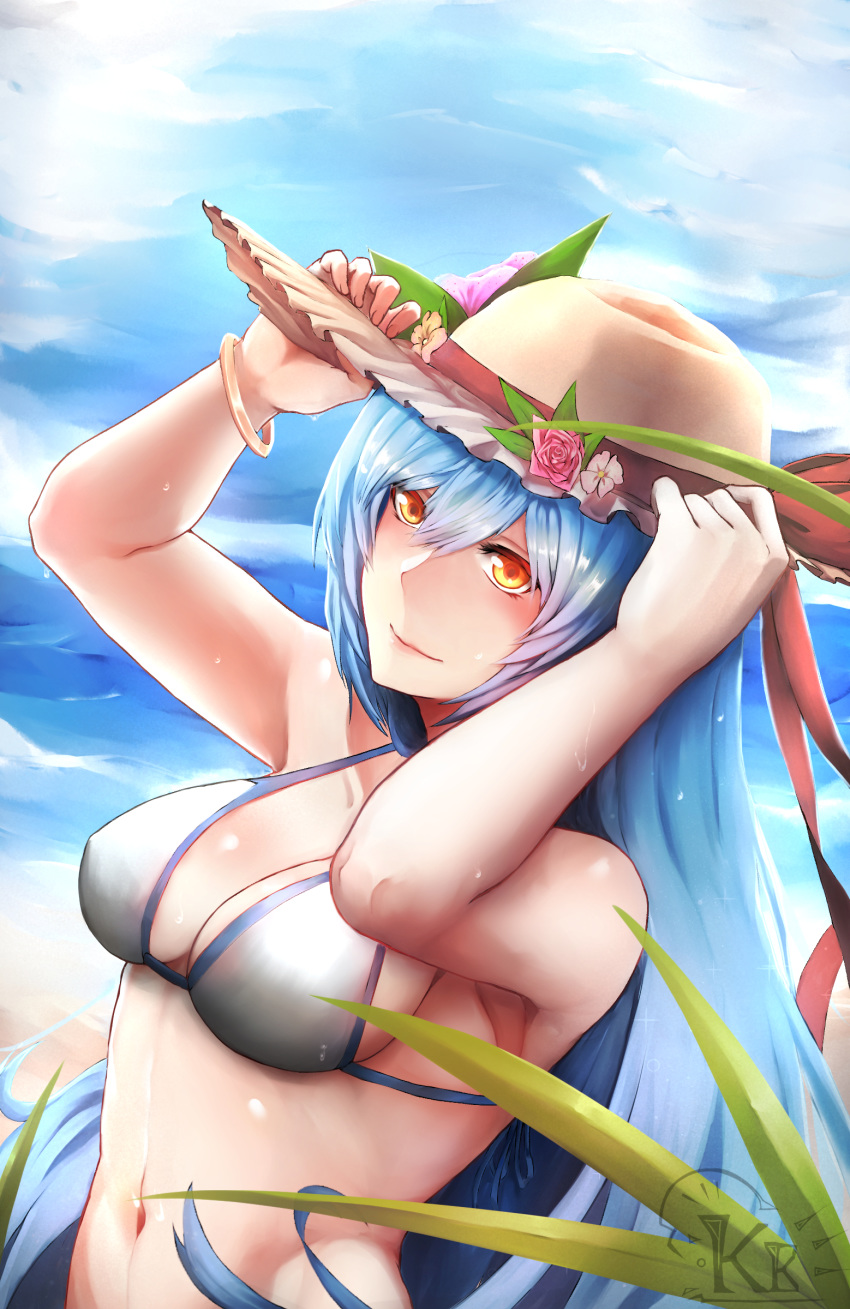 absurdres alternate_costume armpits bangle bangs bare_arms bare_shoulders beach bikini blue_hair blue_sky blush bracelet breasts cleavage closed_mouth cloud day flower girls_frontline hair_between_eyes hand_on_headwear hat head_tilt highres jewelry kb-5 large_breasts leaf long_hair looking_at_viewer navel outdoors rose sand signature sky smile solo stomach sun_hat swimsuit tar-21_(girls_frontline) upper_body very_long_hair water_drop waves wet yellow_eyes