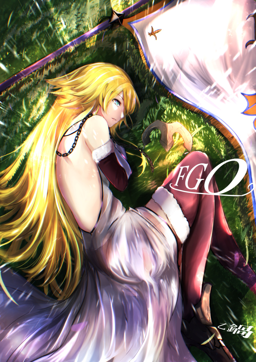 armor armored_boots armored_dress backless_outfit bangs blonde_hair blue_eyes boots breasts chain commentary detached_sleeves dress eyebrows_visible_through_hair fate/apocrypha fate/grand_order fate_(series) fetal_position field flag from_above fur_trim grass headpiece headpiece_removed highres jeanne_d'arc_(fate) jeanne_d'arc_(fate)_(all) large_breasts long_hair lying on_side otsunabe_(naabe_delta) parted_lips profile standard_bearer swept_bangs thighhighs very_long_hair white_dress