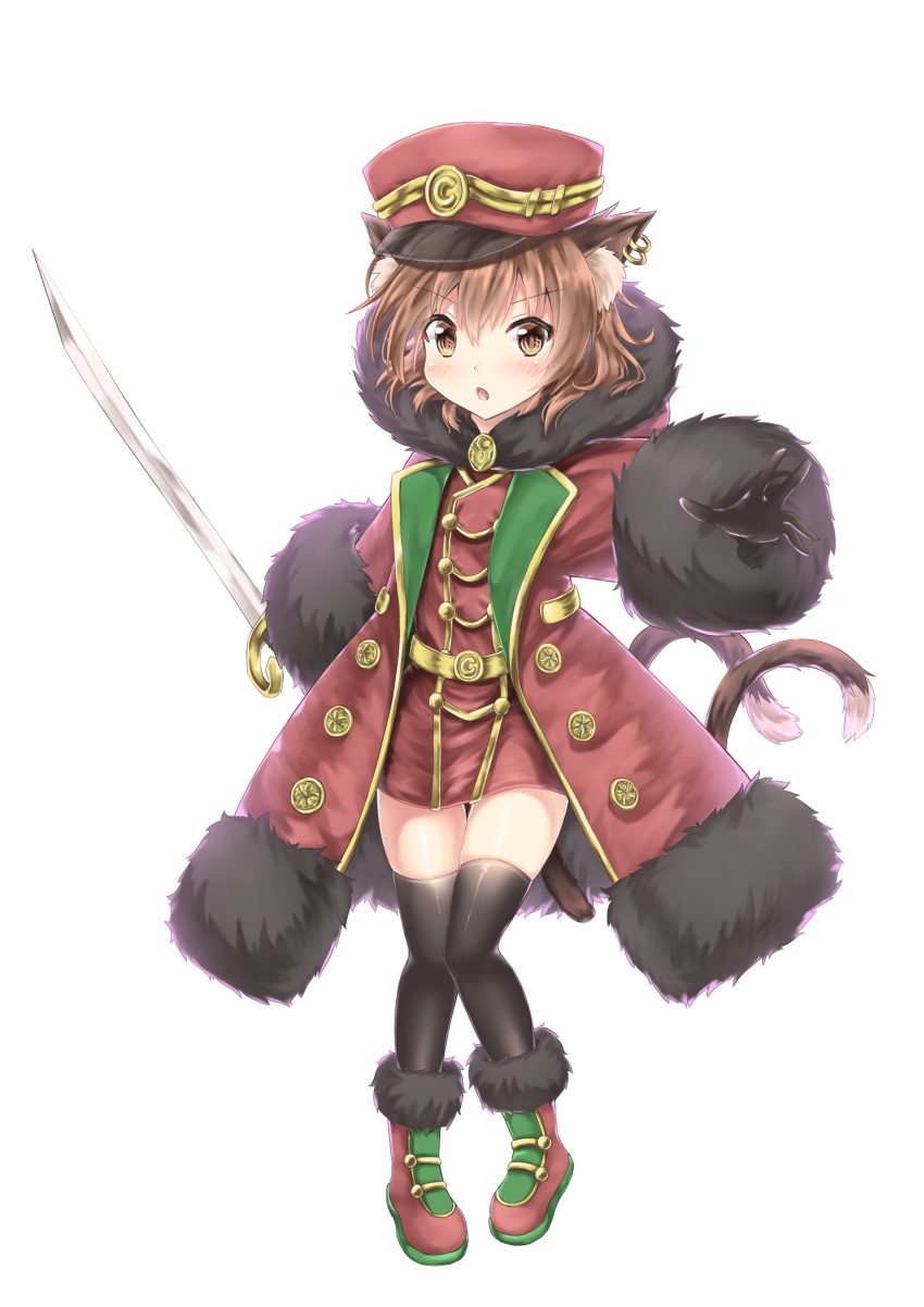 :o absurdres akiteru98 alternate_costume animal_ears bangs belt black_gloves black_legwear blush boots brown_eyes brown_hair cat_ears cat_tail chen coat earrings eyebrows_visible_through_hair fang full_body fur-trimmed_boots fur-trimmed_coat fur-trimmed_hood fur-trimmed_sleeves fur_trim gloves hair_between_eyes hat highres hood hood_down jewelry knees_together looking_at_viewer military military_hat military_uniform multiple_tails no_pants open_clothes open_coat pigeon-toed reaching_out saber_(weapon) short_hair simple_background solo standing sword tail thighhighs touhou tunic uniform weapon white_background zettai_ryouiki