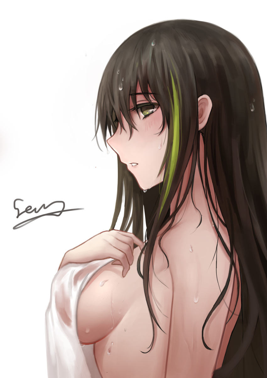 absurdres bangs blush breasts brown_eyes brown_hair commentary eyebrows_visible_through_hair from_side girls_frontline green_hair hair_between_eyes half-closed_eyes highres holding long_hair looking_at_viewer m4a1_(girls_frontline) medium_breasts multicolored_hair naked_towel parted_lips selcky sideboob sidelocks signature simple_background solo streaked_hair towel water_drop wet white_background