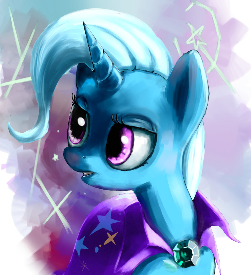 2013 abstract_background biting_lip blue_hair bust_portrait cape clothed clothing collaboration cute equine eyelashes female feral friendship_is_magic hair hi_res holivi horn looking_away mammal melon-drop my_little_pony portrait purple_eyes solo star teeth trixie_(mlp) unicorn