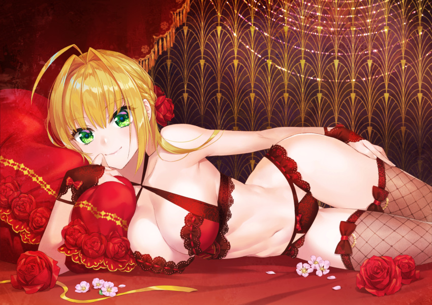 ahoge arm_at_side ass_visible_through_thighs bare_shoulders blonde_hair bow bow_panties bra braid breasts bridal_gauntlets cherry_blossoms cleavage collarbone commentary criss-cross_halter demmy eyebrows_visible_through_hair fate/grand_order fate_(series) fishnet_legwear fishnets flower green_eyes hair_flower hair_intakes hair_ornament halterneck lace lace-trimmed_bra lace-trimmed_panties large_breasts lingerie looking_at_viewer lying navel nero_claudius_(fate) nero_claudius_(fate)_(all) on_bed on_side panties red_bra red_flower red_panties red_rose rose side_braid smile solo thigh_gap thighhighs underwear underwear_only wide_hips