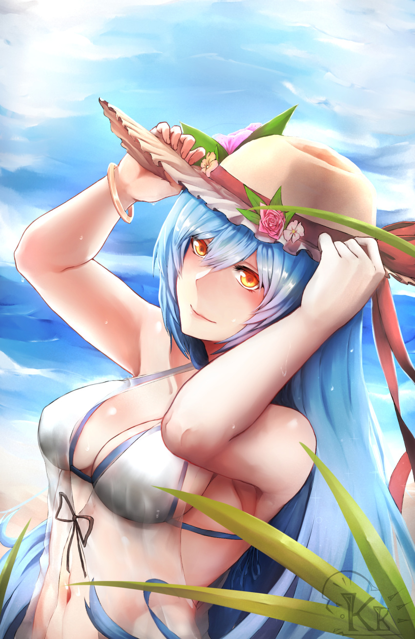 absurdres alternate_costume armpits bangle bangs bare_arms bare_shoulders beach bikini blue_hair blue_sky blush bracelet breasts cleavage closed_mouth cloud commentary day english_commentary flower front-tie_top girls_frontline hair_between_eyes hand_on_headwear hat head_tilt highres jewelry kb-5 large_breasts leaf long_hair looking_at_viewer navel outdoors rose sand see-through signature sky smile solo stomach sun_hat swimsuit tar-21_(girls_frontline) upper_body very_long_hair water_drop waves wet yellow_eyes