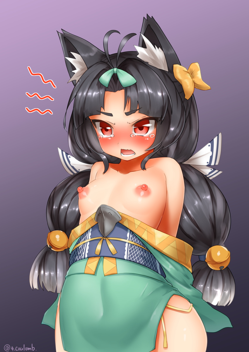angry animal_ears azur_lane bell black_hair blush bow breasts fox_ears hair_bell hair_bow hair_ornament highres japanese_clothes kimono long_hair low_twintails navel nipples open_mouth red_eyes small_breasts solo tears twintails yonkuron yuubari_(azur_lane)