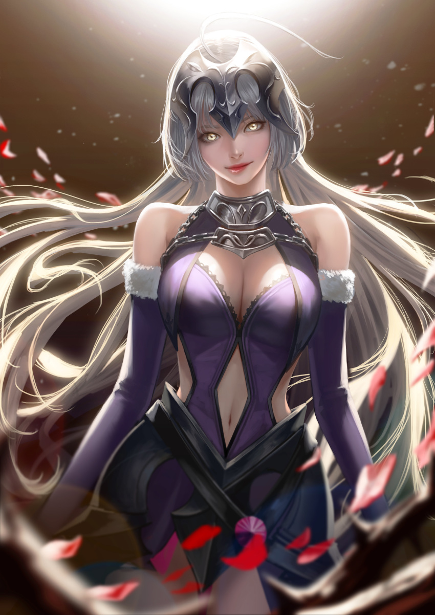 absurdres ahoge armor armored_dress bad_artstation_id bad_id bare_shoulders breasts chain cleavage cleavage_cutout closed_mouth detached_sleeves dress elbow_gloves falling_petals fate/grand_order fate_(series) faulds fur_trim gloves headpiece highres hips jeanne_d'arc_(alter)_(fate) jeanne_d'arc_(fate)_(all) large_breasts light lips long_hair looking_at_viewer navel navel_cutout purple_dress red_lips silver_hair smile taekwon_kim very_long_hair yellow_eyes