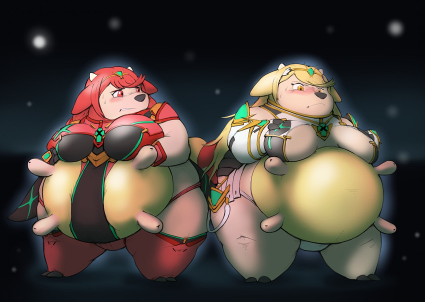 2_fingers 2_toes big_breasts black_nose blonde_hair blush breasts closed_frown clothed clothing duo female hair hand_on_breast miltank mythra_(xenoblade) nintendo open_frown overweight overweight_female pok&eacute;mon pok&eacute;mon_(species) pyra_(xenoblade) red_eyes red_hair subakitsu sweat sweatdrop teats toes udders video_games yellow_eyes