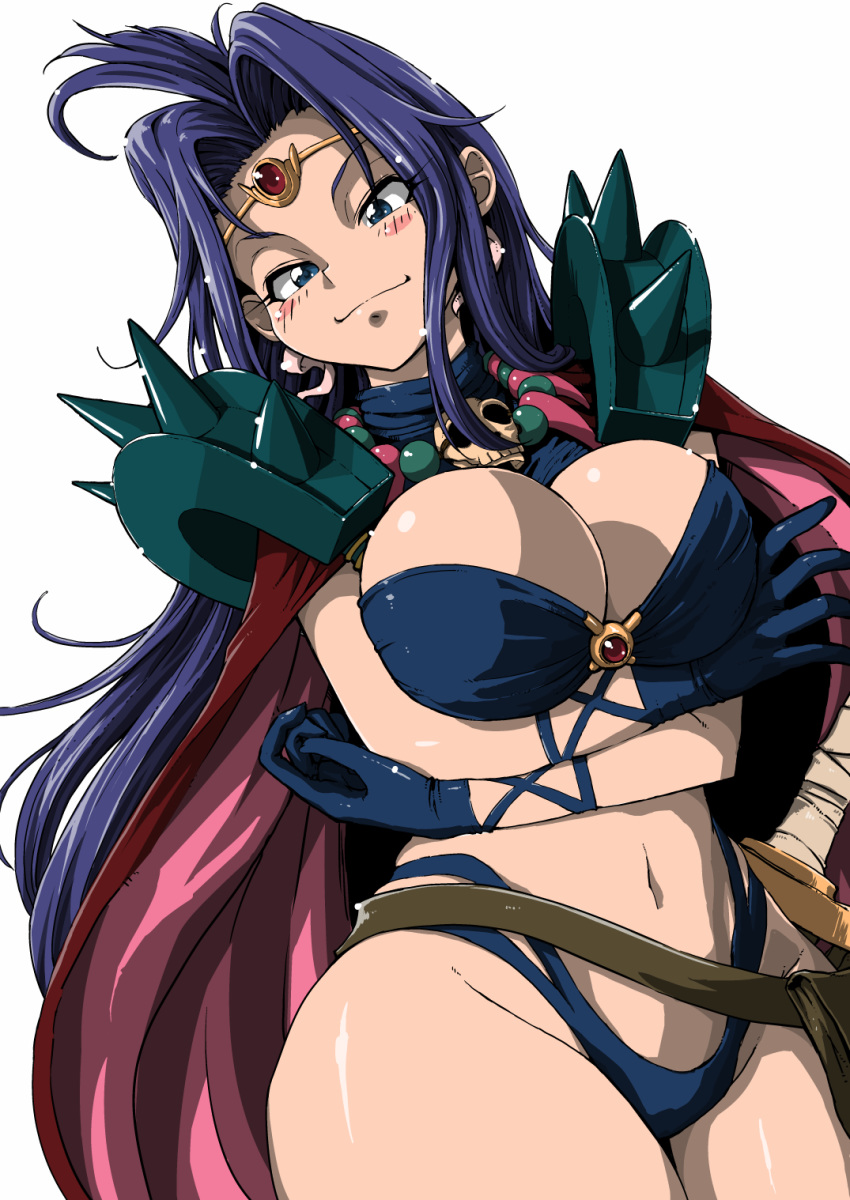 arms_under_breasts blue_eyes blue_gloves blue_panties blush breast_hold breasts cape circlet cleavage closed_mouth cowboy_shot earrings eyelashes gem gloves groin hair_intakes highleg highleg_panties highres jewelry large_breasts long_hair looking_at_viewer moyamu naga_the_serpent navel necklace panties pauldrons purple_hair red_cape simple_background skull skull_necklace slayers smile solo spikes straight_hair sword underwear weapon white_background