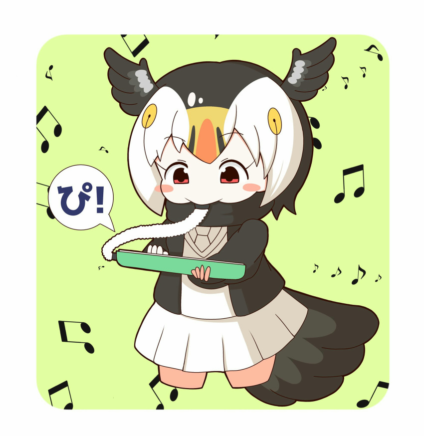 atlantic_puffin_(kemono_friends) bangs beamed_eighth_notes bird_girl bird_tail bird_wings black_hair black_jacket black_scarf blazer blush_stickers bob_cut border breasts chibi commentary cropped_legs eighth_note eyebrows_visible_through_hair green_background head_wings highres holding holding_instrument instrument jacket kemono_friends keyboard_(instrument) long_sleeves looking_down melodica miniskirt multicolored_hair music musical_note necktie open_blazer open_clothes open_jacket parted_bangs playing_instrument pleated_skirt rakugakiraid red_eyes rounded_corners scarf short_hair simple_background skirt small_breasts solo speech_bubble sweater_vest tareme translated white_border white_hair white_neckwear white_skirt wings