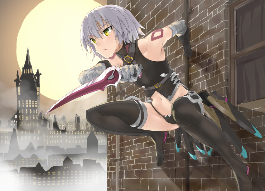 araido_kagiri arm_belt bandaged_arm bandages belt black_belt black_panties boots brick_wall commentary_request dagger eyebrows_visible_through_hair fate/apocrypha fate/grand_order fate_(series) full_moon gloves green_eyes highres holding holding_weapon jack_the_ripper_(fate/apocrypha) lowleg lowleg_panties moon night panties short_hair shoulder_tattoo silver_hair single_glove skyline sleeveless tattoo thigh_boots thighhighs tower underwear weapon window
