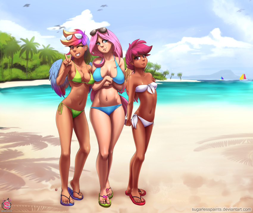 2018 aged_up alternate_species beach bikini clothing darkhazard digital_media_(artwork) eyewear feathered_wings feathers female fluttershy_(mlp) friendship_is_magic group hair hi_res humanoid long_hair looking_at_viewer multicolored_hair my_little_pony navel one_eye_closed outside pink_hair rainbow_dash_(mlp) scootaloo_(mlp) seaside sunglasses swimsuit v_sign winged_humanoid wings