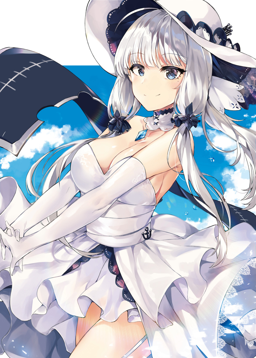 absurdres ahoge anchor_symbol azur_lane bangs bare_shoulders blue_eyes blue_sky blush breasts choker cleavage cloud collarbone commentary day dress elbow_gloves eyebrows_visible_through_hair flight_deck floating_hair garter_straps gloves hair_ornament hair_ribbon hands_together hat highres illustrious_(azur_lane) jewelry lace-trimmed_hat large_breasts light_particles long_hair looking_at_viewer mole mole_under_eye outdoors pendant ribbon sapphire_(stone) sidelocks sky smile solo sparkle strapless strapless_dress sun_hat thighhighs thighs tress_ribbon tuxedo_de_cat water_drop white_dress white_gloves white_hair white_hat wind wind_lift