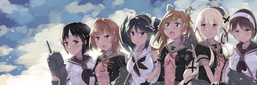 &gt;:( :o abukuma_(kantai_collection) black_gloves black_hair black_jacket blonde_hair blue_eyes blue_hair breasts brown_eyes brown_hair brown_neckwear detached_sleeves double_bun gloves grey_sailor_collar grey_skirt hachimaki hair_between_eyes hair_flaps hair_ribbon hair_rings hairband headband holding holding_weapon isuzu_(kantai_collection) jacket kantai_collection kinu_(kantai_collection) large_breasts long_hair multiple_girls nagara_(kantai_collection) natori_(kantai_collection) neck_ribbon neckerchief one_side_up orange_eyes partly_fingerless_gloves pink_hair ponytail red_hair red_ribbon remodel_(kantai_collection) ribbon sailor_collar school_uniform serafuku short_hair short_sleeves skirt tonari_no_kai_keruberosu twintails upper_body v-shaped_eyebrows very_long_hair weapon white_hairband white_headband white_ribbon yura_(kantai_collection)