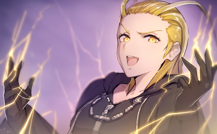 2018 :d black_coat black_coat_(kingdom_hearts) black_gloves blonde_hair breasts coat dated electricity eyelashes gloves gogo_(detteiu_de) hair_slicked_back kingdom_hearts kingdom_hearts_iii larxene long_sleeves looking_at_viewer medium_breasts open_mouth organization_xiii short_hair signature smile solo teeth tongue upper_body v-shaped_eyebrows yellow_eyes