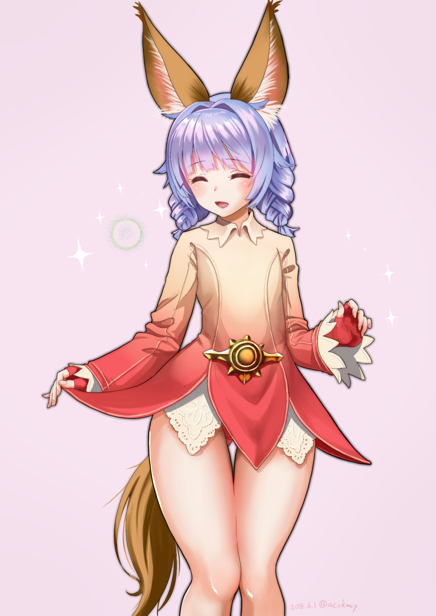 animal_ears ass_visible_through_thighs braid closed_eyes commentary_request dog_ears dog_tail dress dress_lift elin_(tera) fingerless_gloves gloves gradient_clothes gradient_dress hair_intakes highres kumehara_chiyota lifted_by_self long_hair open_mouth panties panty_peek purple_hair red_panties short_dress smile solo tail tera_online thigh_gap thighs twin_braids twintails underwear