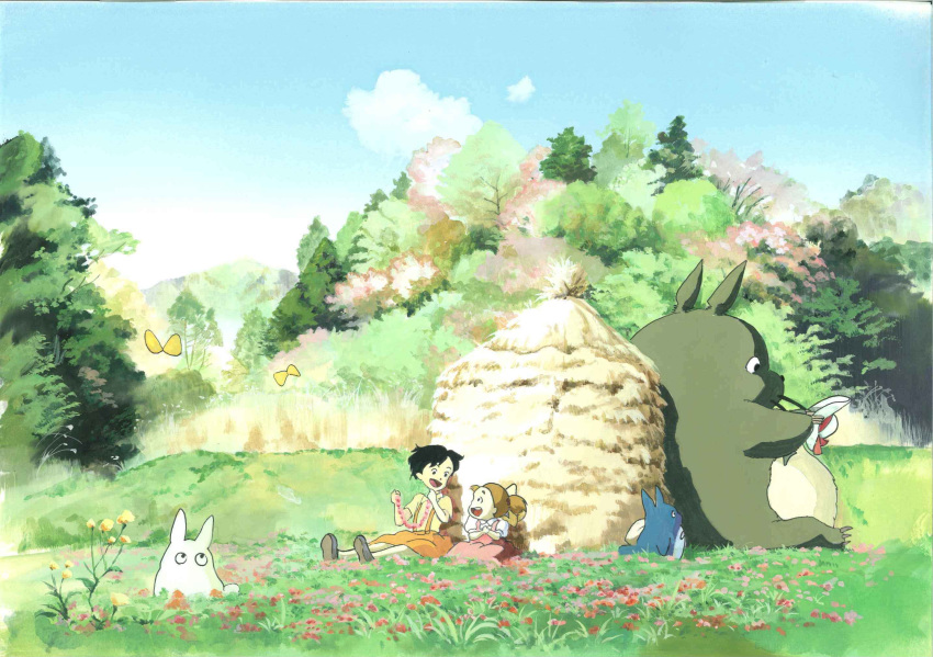 :d anchoku_0621 black_hair blonde_hair blue_sky brown_footwear bug butterfly child cloud commentary day eye_contact flower grass hay_bale highres insect kusakabe_mei kusakabe_satsuki looking_at_another meadow multiple_girls nature official_style open_mouth orange_skirt pink_skirt red_flower shirt shoes short_hair short_sleeves siblings sisters sitting skirt sky smile suspender_skirt suspenders tonari_no_totoro totoro white_shirt