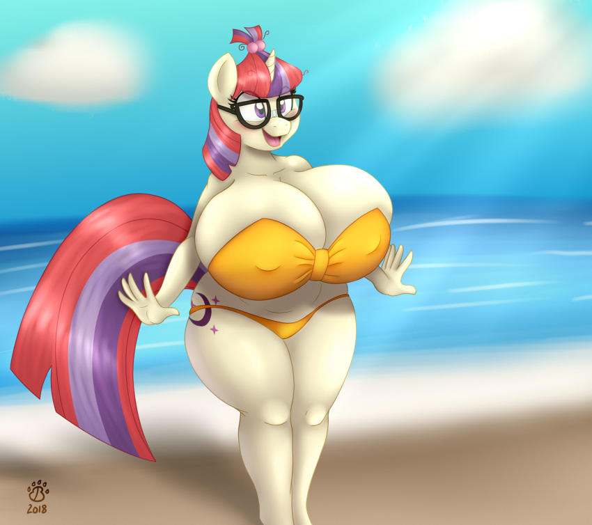 09hankris 2018 badgerben beach big_breasts bikini blush breasts clothing cutie_mark equine eyewear female friendship_is_magic glasses horn mammal moondancer_(mlp) my_little_pony nipple_bulge seaside solo swimsuit thick_thighs unicorn wide_hips