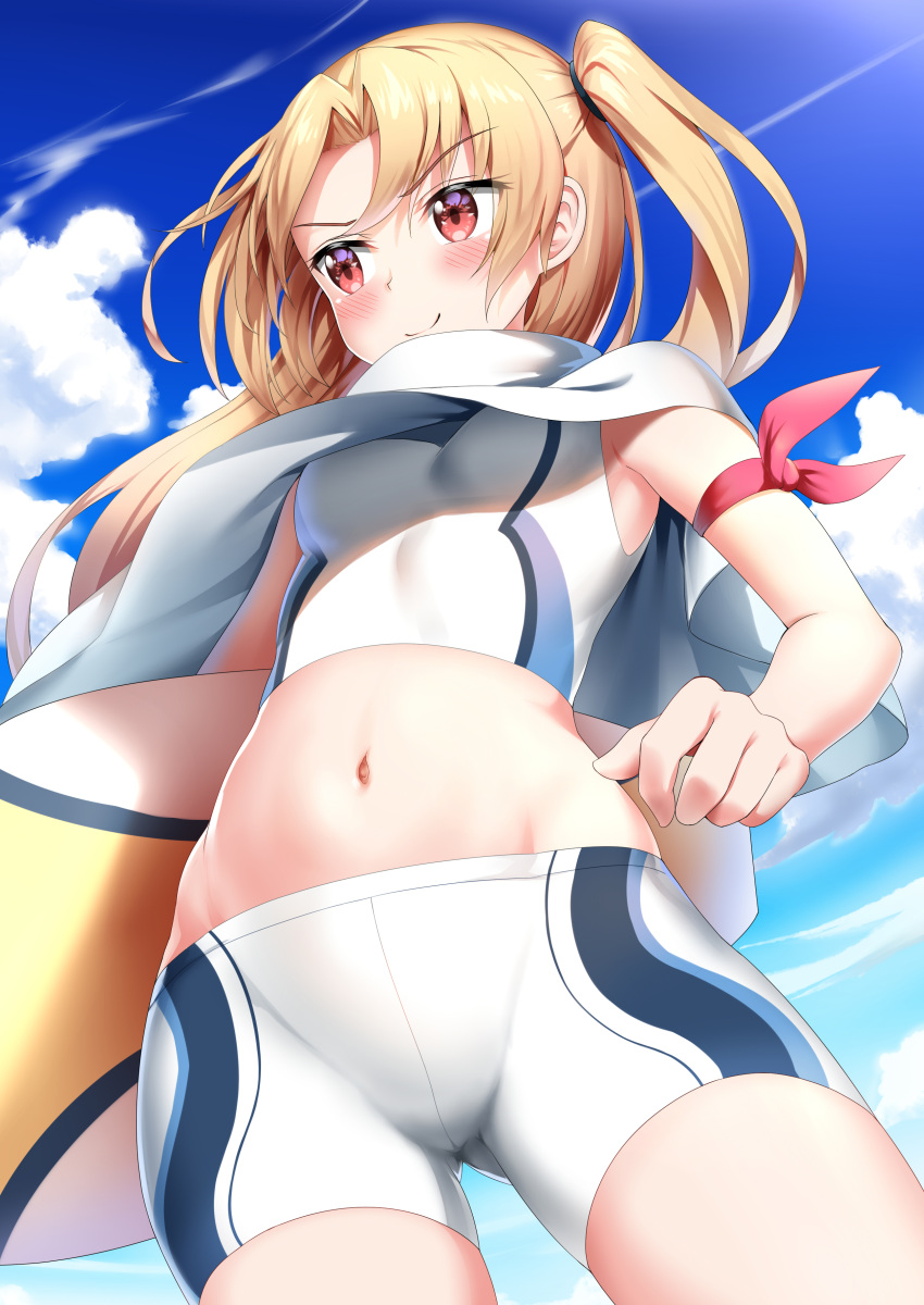 absurdres arm_ribbon ass_visible_through_thighs azur_lane bike_shorts blonde_hair blue_sky blush cleveland_(azur_lane) cloud commentary_request day from_below highres holding_surfboard long_hair midriff navel nedia_(nedia_region) red_eyes red_ribbon ribbon shorts sky sleeveless smile solo standing surfboard tank_top white_shorts white_tank_top