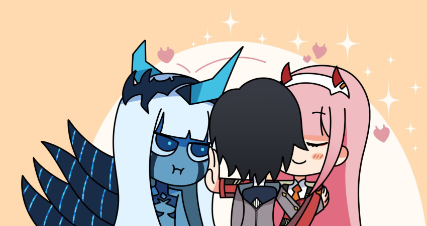 1boy 1koma 2girls :t bangs black_hair blue_eyes blue_horns blue_skin blush_stickers chinese_commentary closed_eyes comic commentary_request couple darling_in_the_franxx english_commentary facial_scar hair_ornament hairband hand_on_another's_face hand_on_another's_shoulder heart heater hetero hiro_(darling_in_the_franxx) horns hug light_blue_hair long_hair long_sleeves military military_uniform multiple_girls necktie oni_horns orange_neckwear pink_hair red_horns scar spoilers tashidraw tentacles uniform white_hairband zero_two_(darling_in_the_franxx)