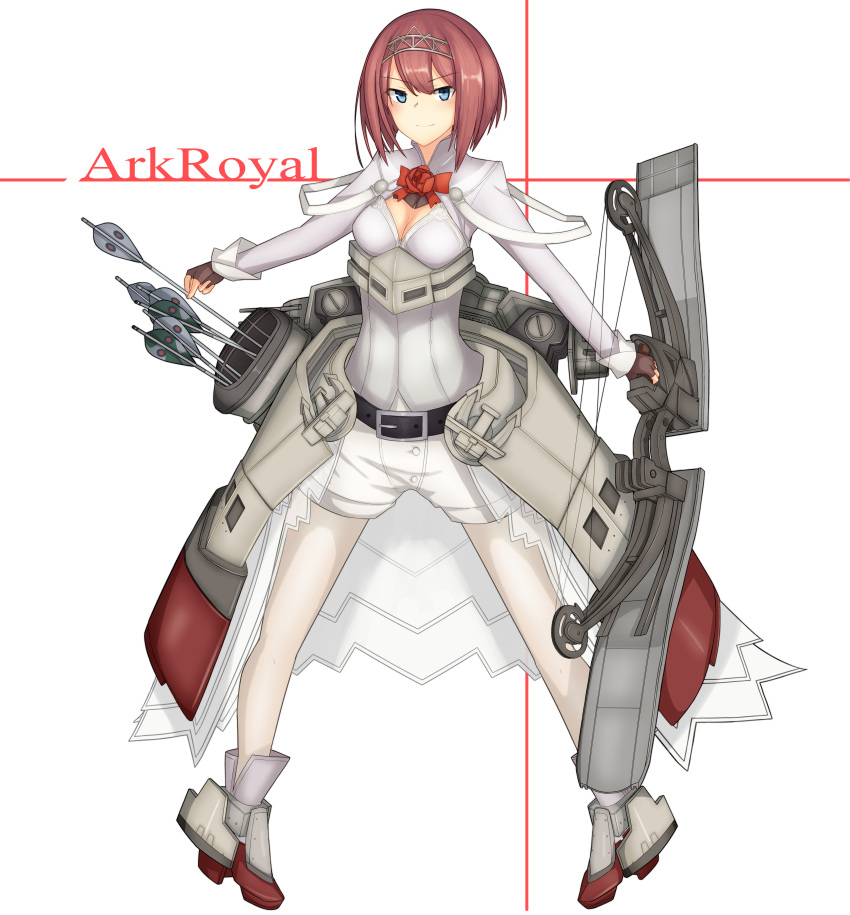 absurdres ark_royal_(kantai_collection) arrow bangs blue_eyes blunt_bangs bob_cut bow_(weapon) cannon cleavage_cutout commentary_request compound_bow corset eyebrows_visible_through_hair fingerless_gloves flight_deck full_body gloves hair_between_eyes hairband highres hull_shoes jacket kantai_collection long_sleeves looking_at_viewer machinery overskirt pantyhose platform_footwear quiver red_hair red_ribbon ribbon rigging shoes short_hair shorts smile solo tiara tsurime turret weapon white_corset white_legwear white_shorts yuubokumin