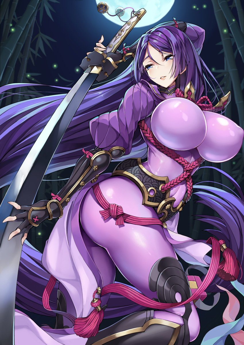 absurdres arm_guards armor ass bamboo bamboo_forest bangs black_gloves blue_eyes blush bodysuit breasts choker commentary_request fate/grand_order fate_(series) fingerless_gloves fireflies forest gloves highres hips huge_breasts impossible_bodysuit impossible_clothes japanese_armor ji_dan katana long_hair low-tied_long_hair minamoto_no_raikou_(fate/grand_order) moon nature night night_sky parted_bangs parted_lips pelvic_curtain purple_bodysuit purple_hair ribbed_sleeves rope sky smile solo suneate sword thighs very_long_hair weapon