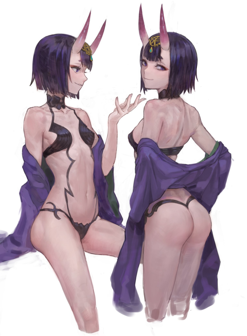 arm_behind_back arm_up ass bangs black_choker breasts choker circlet closed_mouth commentary eyeliner fate/grand_order fate_(series) from_behind hair_ornament hand_up highres horns looking_at_viewer makeup multiple_views navel off_shoulder oni_horns parted_lips profile purple_eyes purple_hair revealing_clothes short_hair shuten_douji_(fate/grand_order) simple_background sitting small_breasts smile soonbu standing white_background
