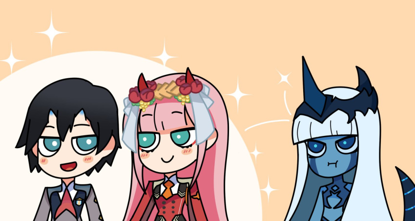 1boy 1koma 2girls :t blue_eyes blue_horns blue_skin blush_stickers comic commentary couple darling_in_the_franxx english_commentary eyebrows_visible_through_hair facial_tattoo flower green_eyes hair_flower hair_ornament hetero hiro_(darling_in_the_franxx) horns jealous light_blue_hair long_hair mato_(mozu_hayanie)_(style) military military_uniform multiple_girls necktie oni_horns orange_neckwear parody pout red_horns red_neckwear spoilers style_parody tail tashidraw tattoo uniform zero_two_(darling_in_the_franxx)