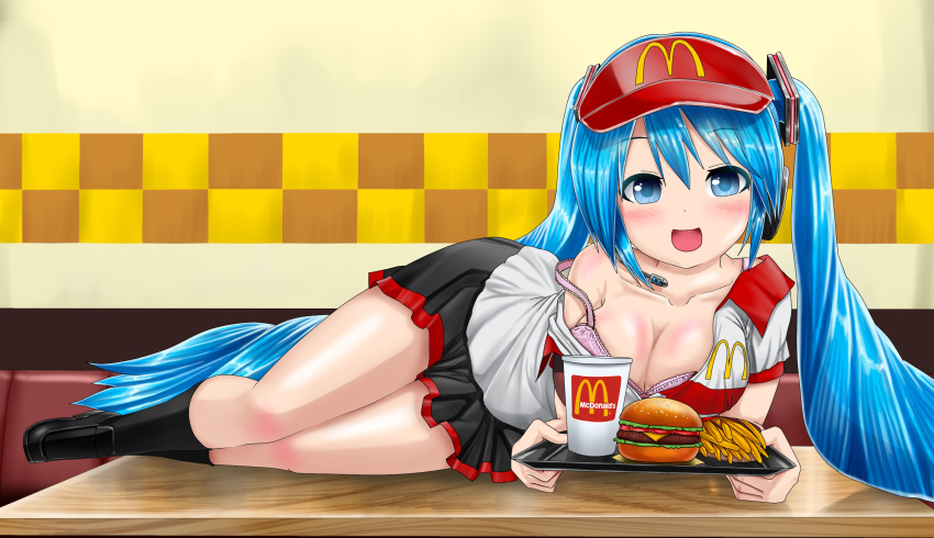 00s 1girl aqua_eyes aqua_hair blush bra breasts cleavage downblouse drink female food french_fries full_body hamburger hat hatsune_miku holding holding_tray indoors kazu-chan large_breasts lingerie long_hair looking_at_viewer lying matching_hair/eyes mcdonald's off_shoulder on_side open_mouth pink_bra shoes smile solo strap_slip thighhighs tray twintails underwear uniform vocaloid
