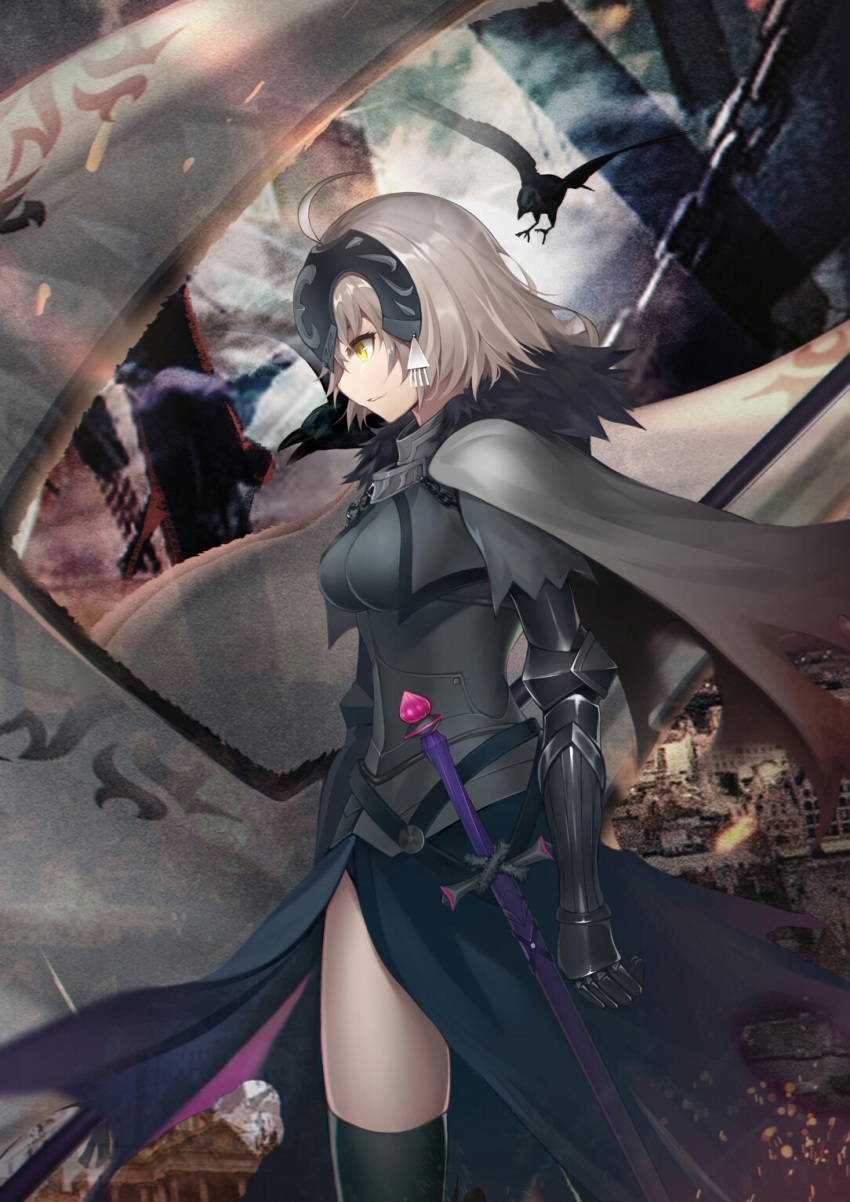 ahoge banner bird black_dress black_legwear breasts breasts_apart chain dress fate/grand_order fate_(series) from_side gauntlets highres jeanne_d'arc_(alter)_(fate) jeanne_d'arc_(fate)_(all) looking_down medium_breasts outdoors red_dress sheath sheathed short_hair silver_hair solo standing thighhighs xie_wang yellow_eyes