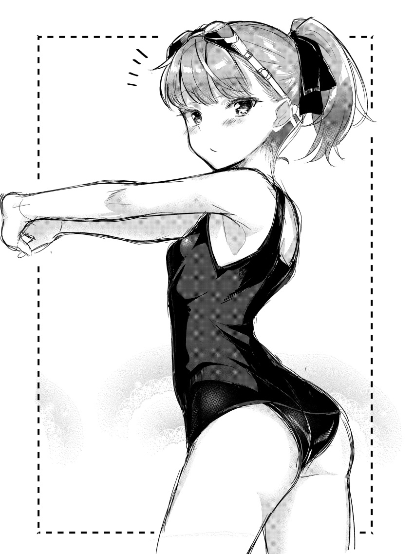 absurdres ass commentary dotted_line fate/grand_order fate_(series) goggles goggles_on_head greyscale hair_ribbon helena_blavatsky_(fate/grand_order) helena_blavatsky_(swimsuit_archer)_(fate) highres monochrome nishimi_shin notice_lines old_school_swimsuit one-piece_swimsuit ponytail ribbon school_swimsuit solo stretch swimsuit