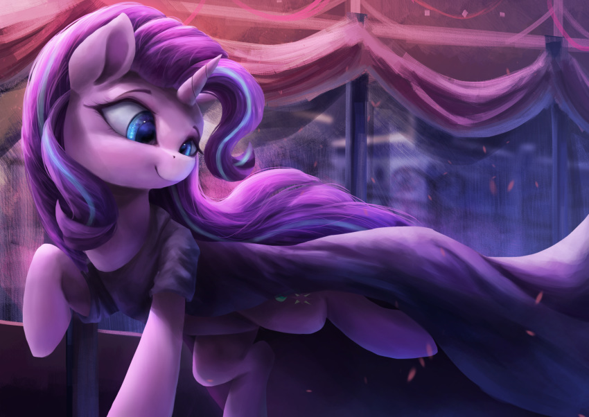 2018 absurd_res blue_eyes clothed clothing cute dancing dress equine eyebrows eyelashes female feral friendship_is_magic hair hi_res hooves horn inside mammal multicolored_hair my_little_pony portrait purple_hair smile solo starlight_glimmer_(mlp) two_tone_hair unicorn vanillaghosties