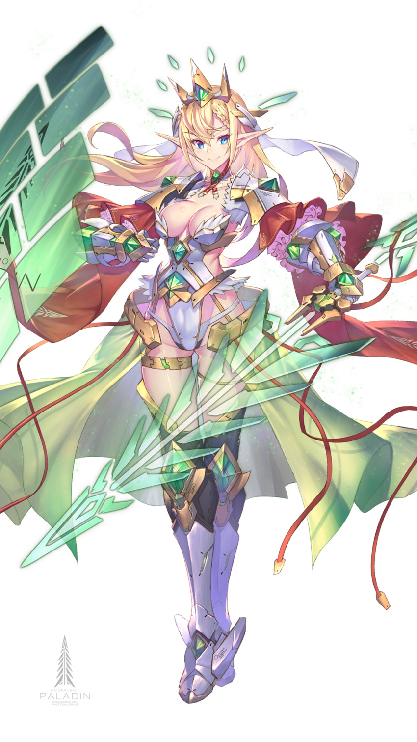 armored_boots blue_eyes boots breasts cape cleavage commentary_request detached_collar elf energy_shield energy_sword english floating floating_object frills gauntlets gem heterochromia highleg highleg_leotard highres holding holding_sword holding_weapon leotard long_hair long_sleeves looking_at_viewer mecha_musume medium_breasts nadare-san_(nadare3nwm) original pauldrons pointy_ears purple_eyes red_cape shield showgirl_skirt side_cutout simple_background skindentation smile solo sword thigh_gap tiara transparent_skirt veil weapon white_background