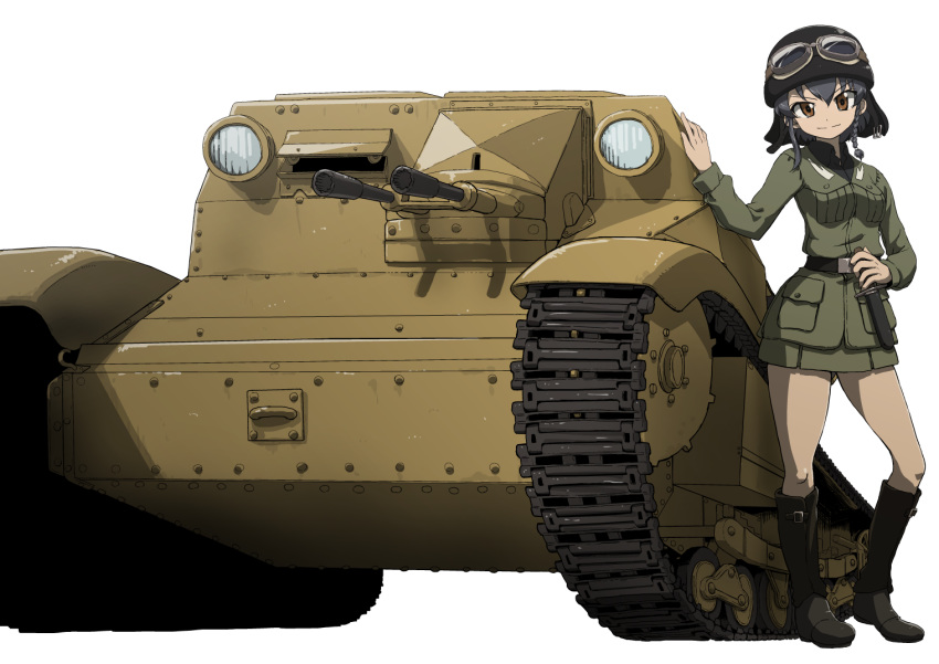 anzio_military_uniform asymmetrical_hair bangs black_footwear black_hair boots braid breasts brown_eyes brown_hair carro_veloce_cv-33 closed_mouth eyebrows_visible_through_hair girls_und_panzer goggles goggles_on_headwear green_skirt ground_vehicle hair_between_eyes helmet knee_boots knife long_sleeves looking_at_viewer medium_breasts military military_uniform military_vehicle miniskirt motor_vehicle moyamu pepperoni_(girls_und_panzer) pocket sheath sheathed short_hair side_braid simple_background single_braid single_sidelock skirt smile solo standing tank uniform v-shaped_eyebrows white_background