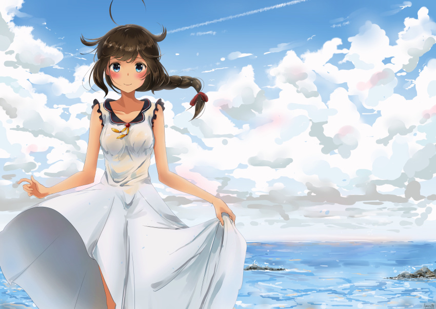absurdres ahoge alternate_costume bad_id bad_pixiv_id bangs bare_arms blue_eyes blue_sky blush braid breasts brown_hair casual closed_mouth cloud collarbone day dress floating_hair hair_between_eyes hair_flaps hair_ornament hair_over_shoulder hair_ribbon highres kantai_collection long_hair medium_breasts ocean outdoors remodel_(kantai_collection) ribbon shigure_(kantai_collection) sidelocks signature single_braid skirt_hold sky smile solo takiritsuka tan waves white_dress wind wind_lift