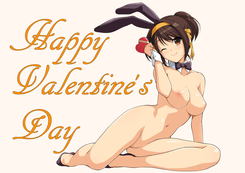 ;) animal_ears arm_support bare_shoulders black_bow bow box breasts brown_eyes brown_hair bunny_ears bunny_girl closed_mouth detached_collar eyebrows_visible_through_hair full_body hair_ribbon hairband happy_valentine haruhisky head_tilt heart-shaped_box high_heels highres holding holding_box looking_at_viewer md5_mismatch medium_breasts navel nipples nude one_eye_closed ponytail pussy reclining ribbon shiny shiny_skin simple_background smile solo suzumiya_haruhi suzumiya_haruhi_no_yuuutsu valentine wrist_cuffs yellow_background yellow_hairband yellow_ribbon