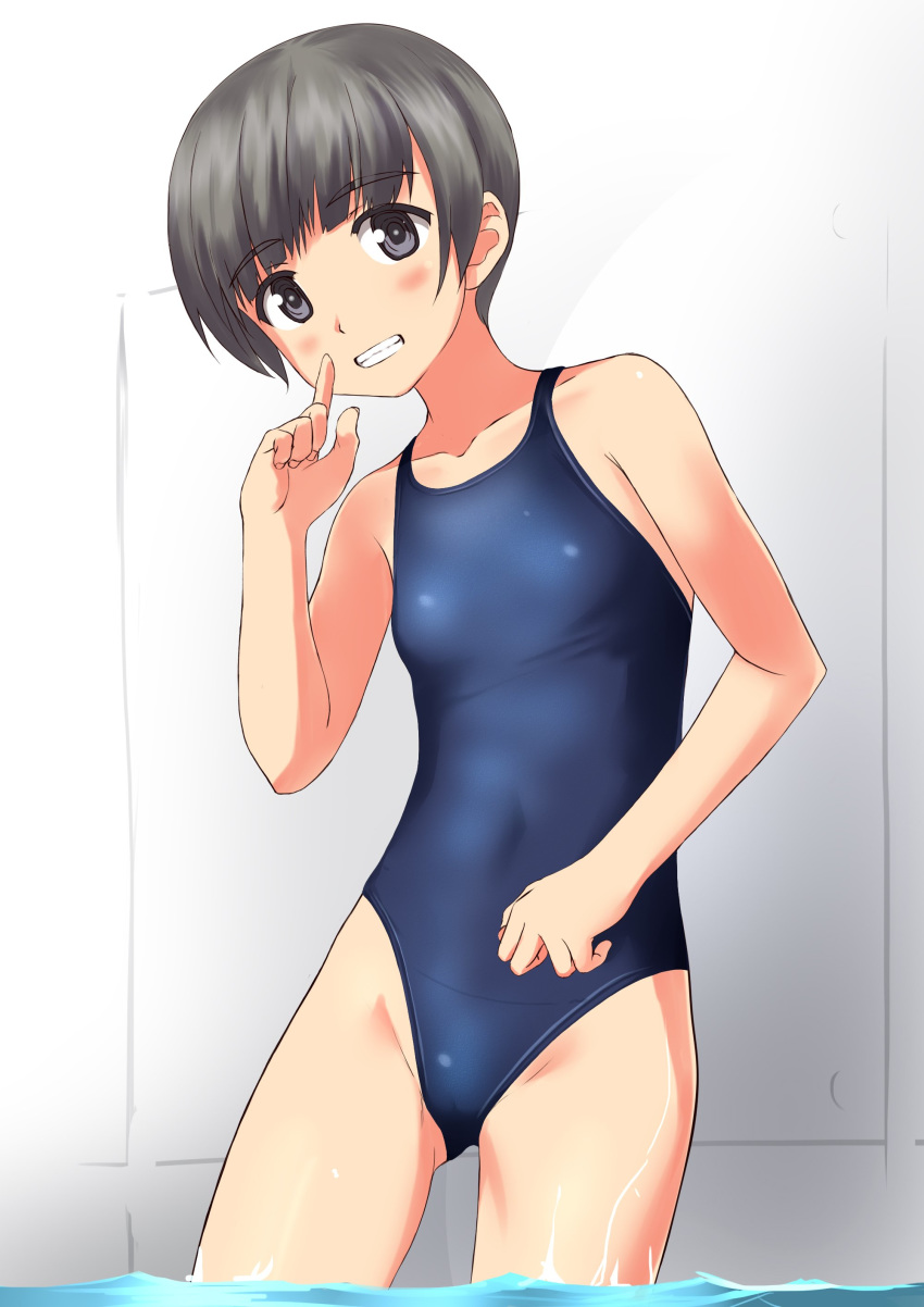 absurdres androgynous ass_visible_through_thighs black_eyes black_hair blue_swimsuit competition_swimsuit cowboy_shot eyebrows_visible_through_hair flat_chest grin highres leaning_to_the_side looking_at_viewer one-piece_swimsuit original short_hair smile solo standing swimsuit takafumi thick_eyebrows water