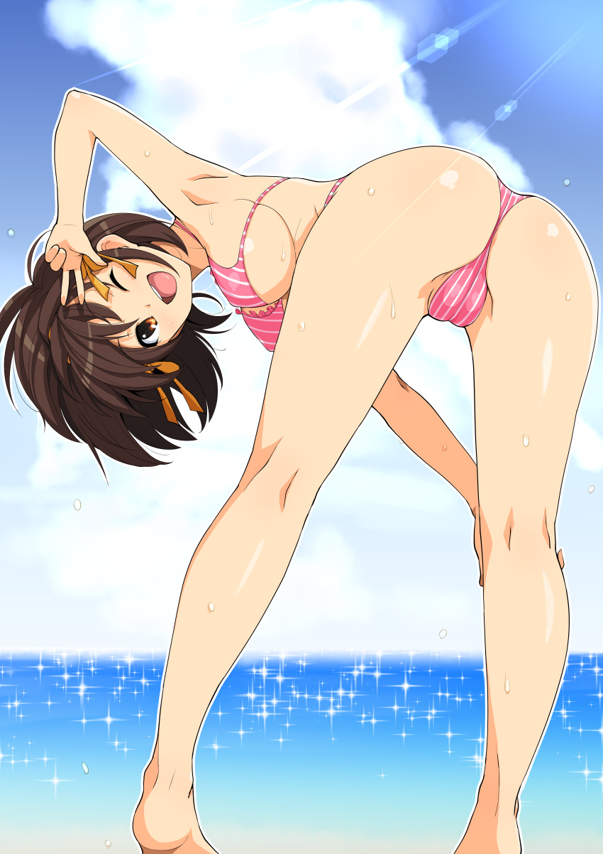 ;d absurdres arm_up armpits ass bad_revision bare_arms bare_legs bare_shoulders barefoot bent_over bikini blue_sky blush breasts brown_eyes brown_hair day downscaled_revision frilled_bikini frills from_behind hair_ribbon hand_on_own_knee haruhisky highres kneepits large_breasts legs lens_flare light_rays looking_at_viewer looking_back md5_mismatch ocean one_eye_closed open_mouth orange_ribbon pink_bikini ribbon round_teeth shiny shiny_skin short_hair sky smile solo sparkle striped sunbeam sunlight suzumiya_haruhi suzumiya_haruhi_no_yuuutsu swimsuit teeth underboob upper_teeth v vertical-striped_bikini vertical_stripes water water_drop wet
