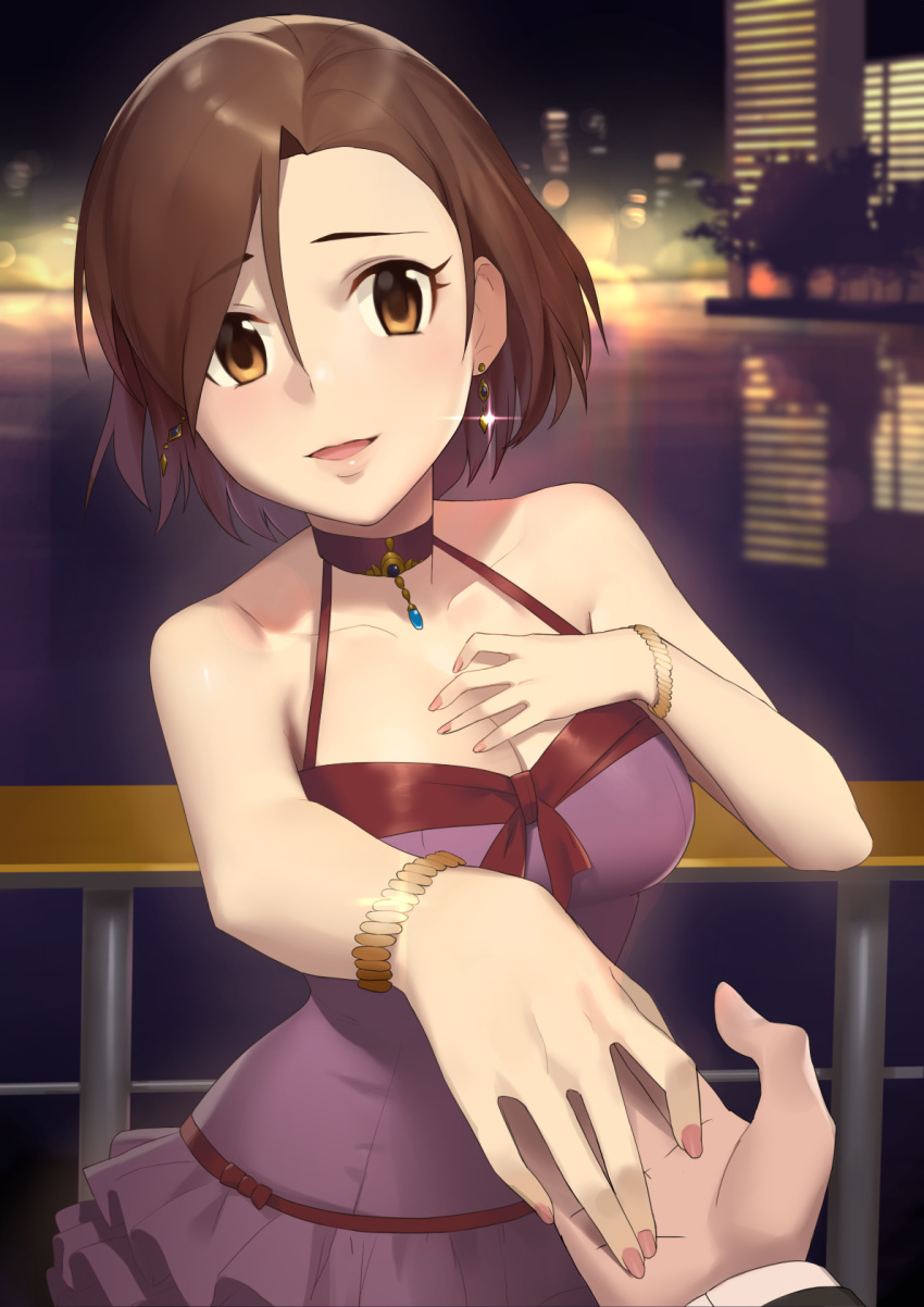 bracelet breasts brown_eyes brown_hair city cleavage collarbone dress earrings eyebrows_visible_through_hair hair_between_eyes halter_dress hand_on_own_chest highres holding_hands idolmaster idolmaster_cinderella_girls jewelry looking_at_viewer medium_breasts mizuki_seira nail_polish night onao open_mouth out_of_frame outstretched_arm parted_lips pink_nails pov purple_dress railing short_hair smile solo_focus water