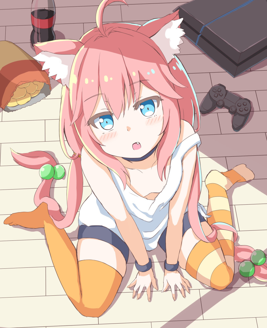absurdres ahoge animal_ear_fluff animal_ears bike_shorts blue_eyes bottle breasts cat_ears chips choker commentary_request controller downblouse fang food from_above game_console game_controller hair_bobbles hair_ornament highres hinata_channel keiran_(ryo170) long_hair looking_up low_twintails mismatched_legwear nekomiya_hinata on_floor open_mouth orange_legwear pink_hair playstation_4 playstation_controller potato_chips shorts sitting small_breasts soda_bottle solo striped striped_legwear thighhighs twintails vest white_vest wristband