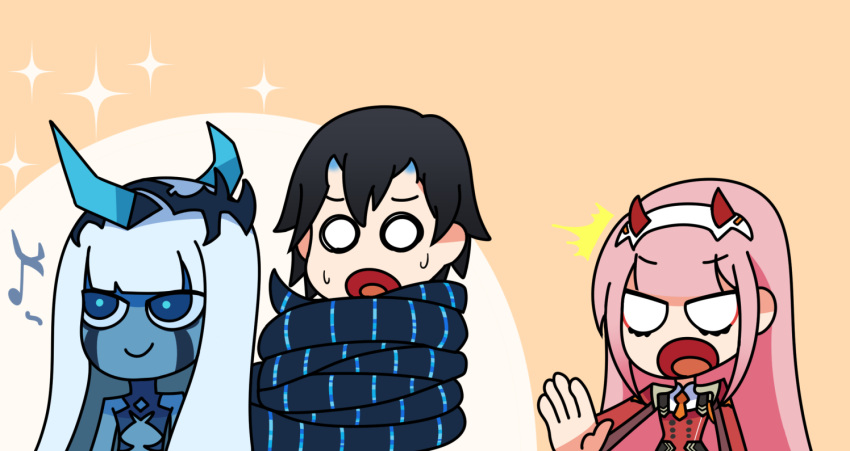 1boy 1koma 2girls bangs black_hair blank_eyes blue_eyes blue_horns blue_skin blush_stickers chinese_commentary comic commentary_request couple darling_in_the_franxx english_commentary eyebrows_visible_through_hair facial_scar flower green_eyes hair_flower hair_ornament hairband hetero hiro_(darling_in_the_franxx) horns light_blue_hair long_hair looking_at_another mato_(mozu_hayanie)_(style) military military_uniform multiple_girls musical_note necktie netorare oni_horns orange_neckwear parody pink_hair pout red_horns red_neckwear scar silent_comic smile spoilers spoken_musical_note style_parody sweat tashidraw uniform white_hairband zero_two_(darling_in_the_franxx)