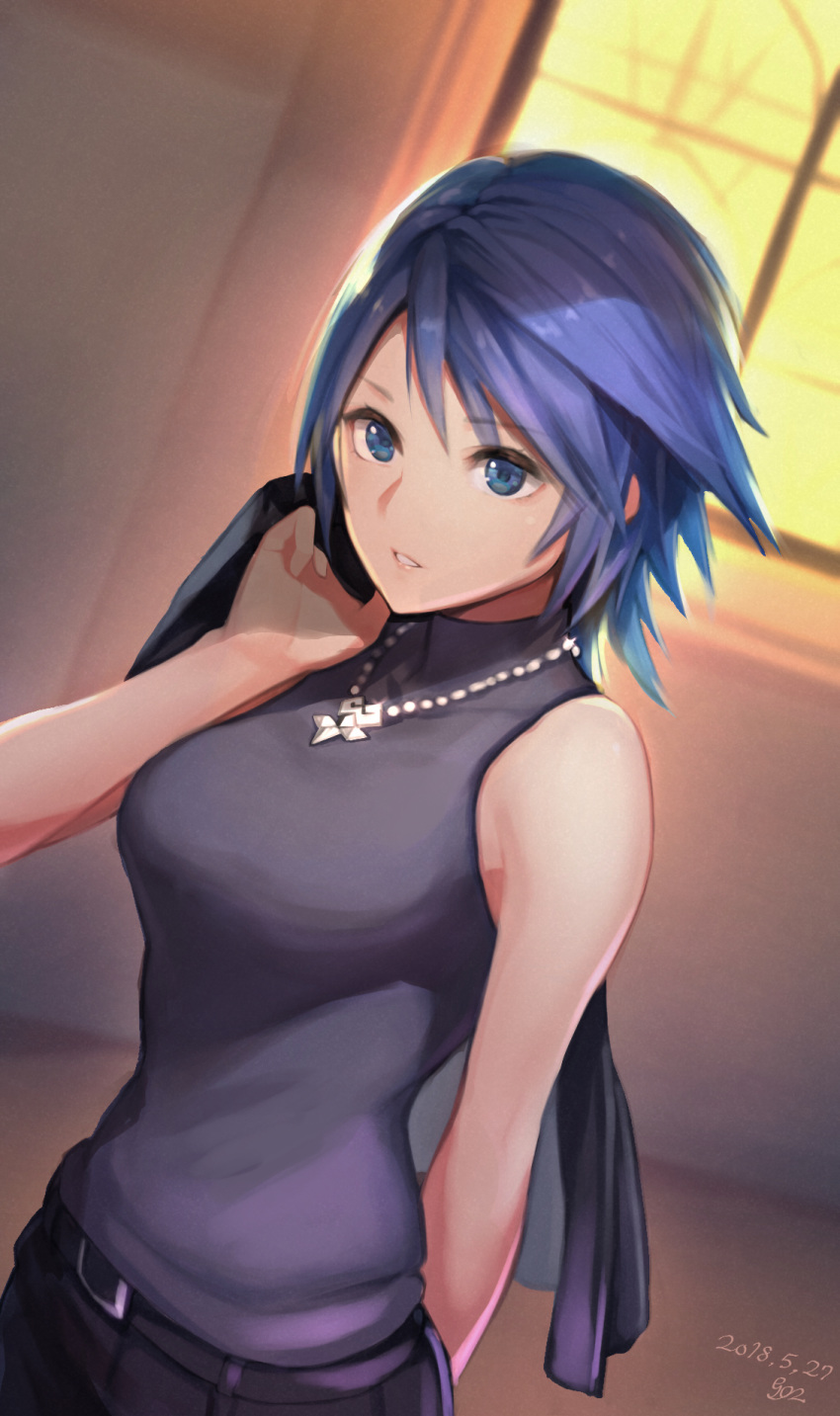 2018 aqua_(kingdom_hearts) arm_behind_back bare_arms bare_shoulders belt belt_buckle black_belt blue_eyes blue_hair breasts buckle commentary_request dated eyebrows_visible_through_hair glint gogo_(detteiu_de) highres jewelry kingdom_hearts kingdom_hearts_birth_by_sleep large_breasts necklace over_shoulder parted_lips pink_lips purple_shirt shirt short_hair signature sleeveless sleeveless_shirt solo sparkle turtleneck window