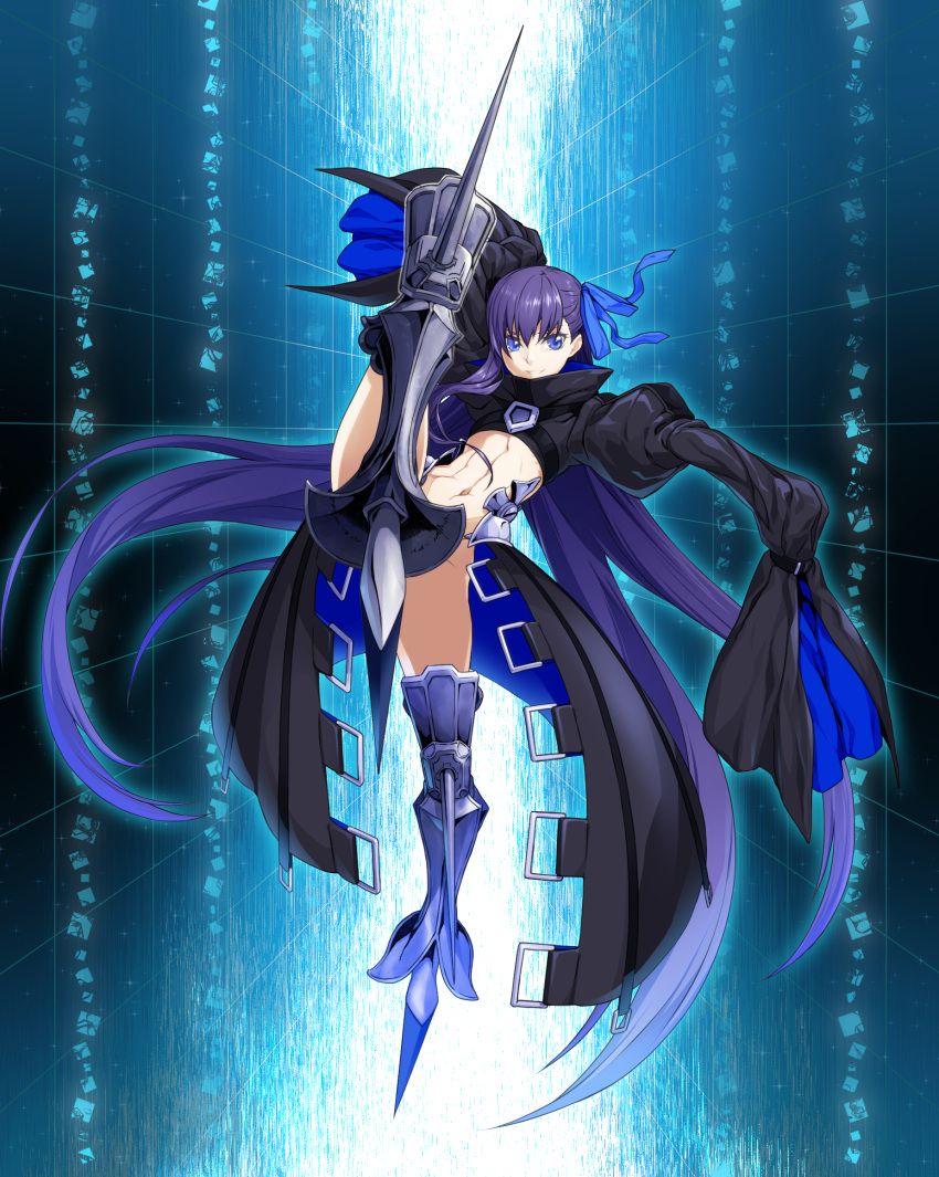 blue_eyes fate/extra fate/extra_ccc fate/grand_order fate_(series) full_body highres leg_up long_hair looking_at_viewer meltlilith navel purple_hair sami_(object_dump) sleeves_past_wrists smile solo very_long_hair