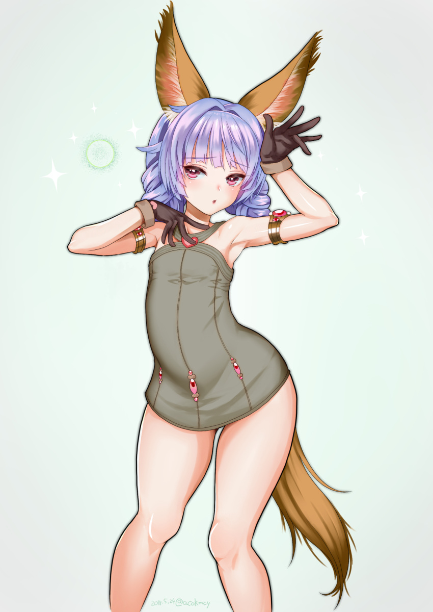 animal_ears armlet armpits arms_up braid brown_gloves commentary_request dog_ears dog_tail dress elin_(tera) gloves grey_dress hair_intakes highres kumehara_chiyota legs long_hair open_mouth purple_eyes purple_hair short_dress solo tail tera_online thighs twin_braids twintails