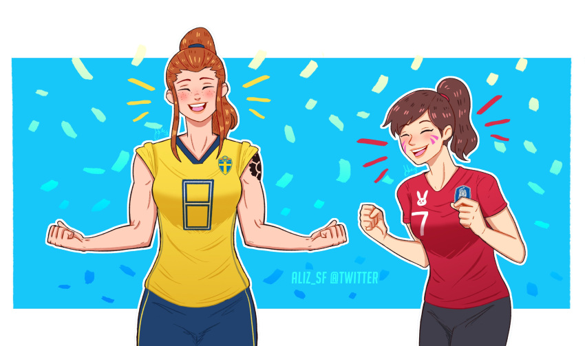 2018_fifa_world_cup 2girls ^_^ absurdres blush brigitte_(overwatch) brown_hair d.va_(overwatch) eyes_closed happy highres multiple_girls muscle open_mouth overwatch ponytail smile soccer soccer_uniform south_korea standing sweden teeth tongue world_cup