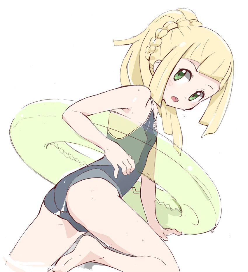absurdres ass bare_shoulders barefoot blonde_hair blush breasts from_side green_eyes green_innertube grey_swimsuit highres innertube lillie_(pokemon) long_hair looking_at_viewer looking_to_the_side nagitaro one-piece_swimsuit open_mouth pokemon pokemon_(game) pokemon_sm ponytail simple_background small_breasts solo swimsuit white_background